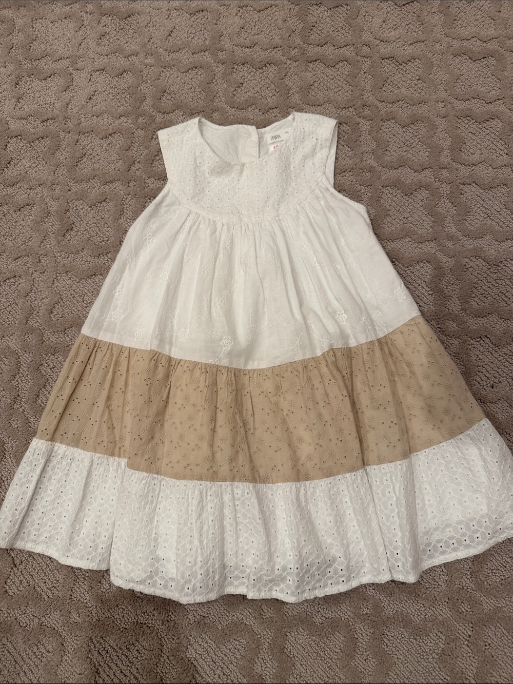 Zara White and Tan Tiered Eyelet Sundress for Girls